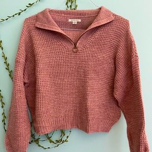Salmon Colored Knit Zip Up Sweater